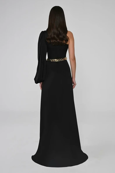 Alfa Beta Tek Kol Beli Zincirli Yırtmaçlı Saten Uzun Abiye Elbise - 4