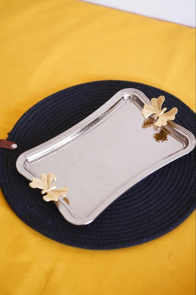 Cooker Dikdörtgen Dövme Desenli Kelebekli Kulplu Metal Tepsi 25x17 cm