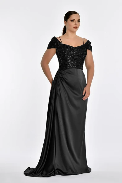 Alfa Beta Düşük Omuz İnce Askılı Yırtmaçlı Saten Uzun Abiye Elbise - 5