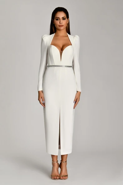 Alfa Beta Uzun Kol Vatkalı Derin Kalp Göğüs Kemerli Midi Abiye Elbise - 4