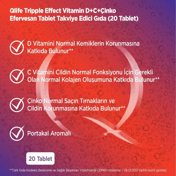 Qlife Tripple Effect D Vitamini + C Vitamini + Çinko 20 Efervesan Tablet - 6