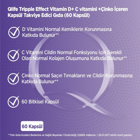 Qlife Tripple Effect Vitamin D + Vitamin C + Çinko 60 Kapsül - 6
