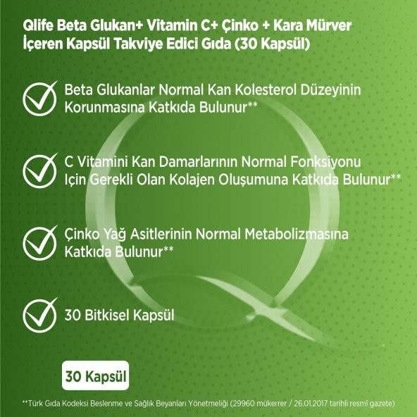 Qlife Beta Glukan Vitamin C - Çinko - Kara Mürver 30 Kapsül - 6