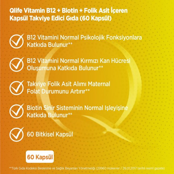 Qlife Vitamin B12 + Biotin & Folik Asit 60 Kapsül - 2
