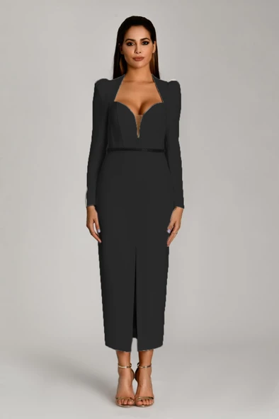 Alfa Beta Uzun Kol Vatkalı Derin Kalp Göğüs Kemerli Midi Abiye Elbise - 5