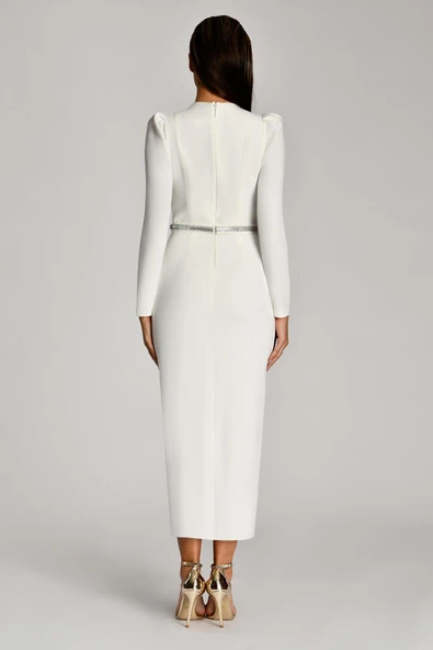 Alfa Beta Uzun Kol Vatkalı Derin Kalp Göğüs Kemerli Midi Abiye Elbise - 3