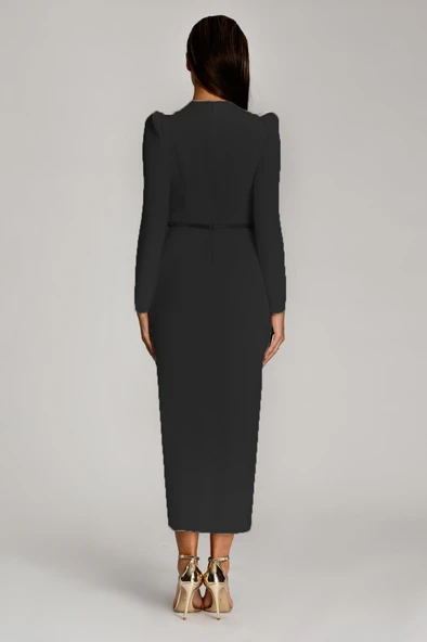 Alfa Beta Uzun Kol Vatkalı Derin Kalp Göğüs Kemerli Midi Abiye Elbise - 6