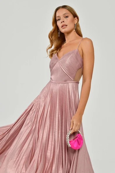 Alfa Beta İp Askılı Pliseli Parlak Kumaş Midi Abiye Elbise - 3