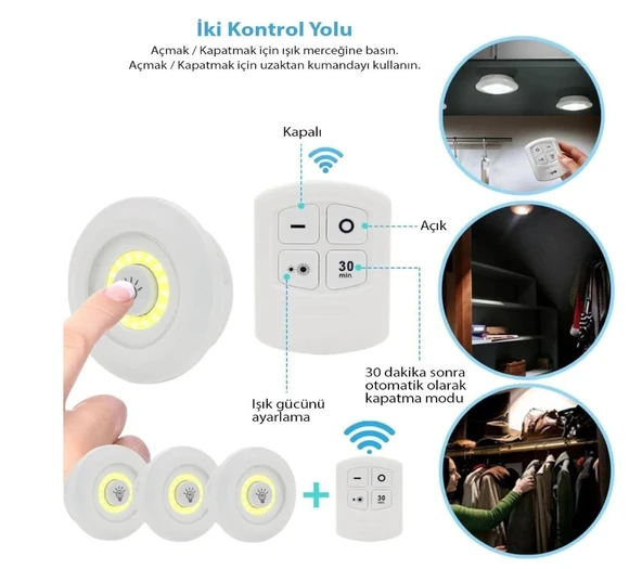 Kablosuz Uzaktan Kumandalı Dolap Içi Led Ampul Seti 3lü Set Gece Lambası Enerji Sınıfı A+ - 2