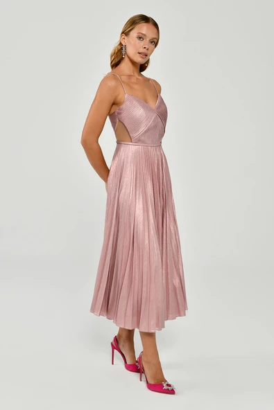 Alfa Beta İp Askılı Pliseli Parlak Kumaş Midi Abiye Elbise - 4