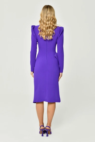 Alfa Beta Uzun Kol V Yaka Yandan Bağlamalı Krep Midi Abiye Elbise - 4