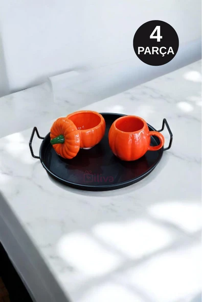 4 Parça Metal Tepsi Kabak Dekor Şekerlik Ve Kupa Bardak Seti