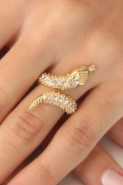 Gold Renk Ayarlanabilir Zirkon Taşlı Kadın Yılan Yüzük - TJ-BYK2402