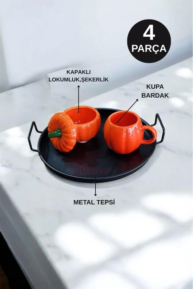 4 Parça Metal Tepsi Kabak Dekor Şekerlik Ve Kupa Bardak Seti - 2