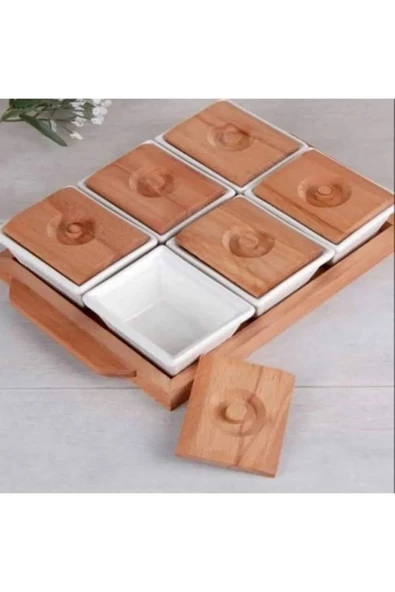 Lüx Dekoratif Bambu Ahşap Tepsili Kahvaltılık Porselen 6'lı Kahvaltılık Set