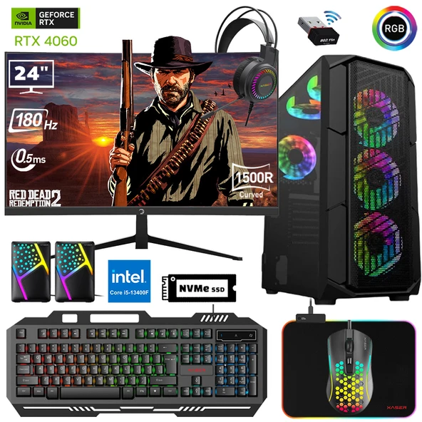 Xaser Xsr674 i5 13400F 16GB Ram 512GB M.2 NVMe SSD 8GB RTX4060 Ekran Kartı 24" 180Hz Curved Oyun Bilgisayarı