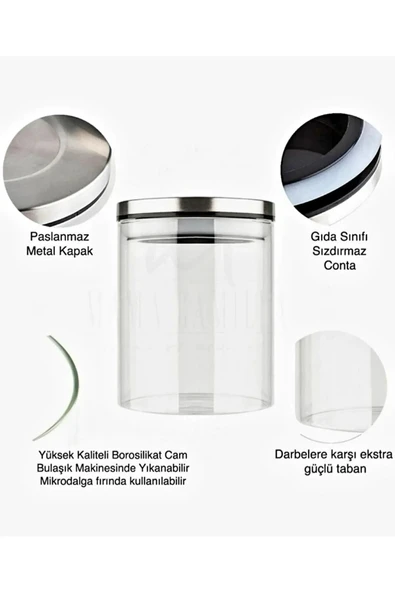 3 Adet 200 Ml Borosilik Cam Metal Kapaklı Baharatlık Vakumlu Saklama Kavanozu - 3