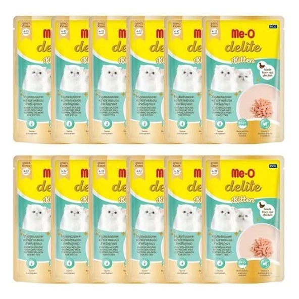 Me-O Delite Pouch Kitten Tavuklu Somonlu ve Keçi Sütlü Yavru Kedi Maması 70 Gr x 12 Adet