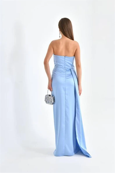 Dipmoda kadın bebe mavisi kuyruklu pamuk saten abiye elbise DPS9323 - Resim 3