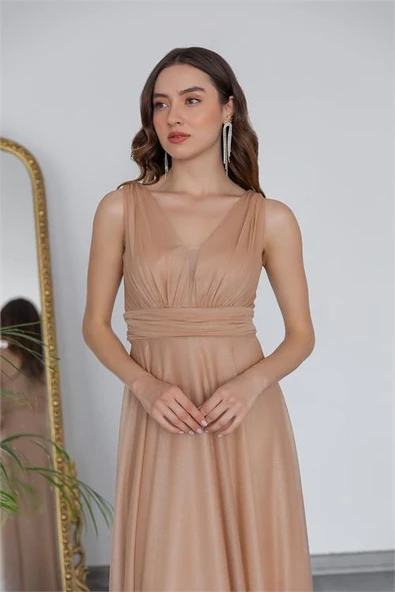 Dipmoda kadın gold drapeli tül abiye elbise DP2030 - Resim 2