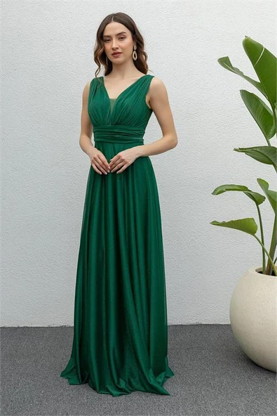 Dipmoda kadın zümrüt drapeli tül abiye elbise DP2030 - Resim 2