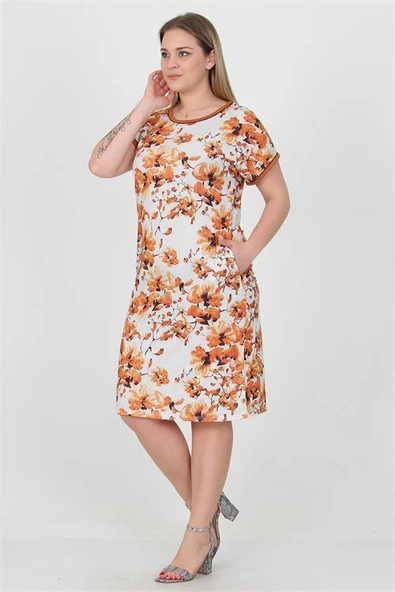 Dipmoda kadın kiremit çiçek desenli yazlık cep detaylı büyük beden elbise AYSL35 - Resim 4