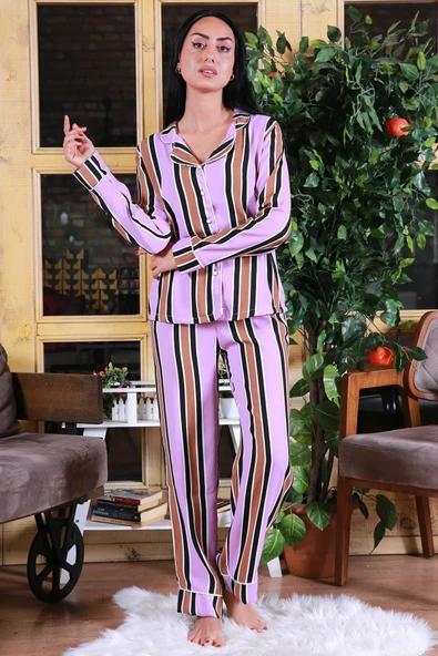 Dipmoda Kadın Gömlek Yaka Düğme Detaylı Biyeli Yeni Sezon Çizgili Pijama Takımı DP7249