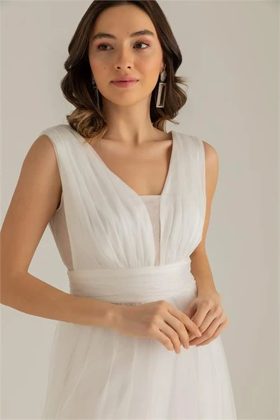 Dipmoda kadın beyaz drapeli tül abiye elbise DP2030 - Resim 3