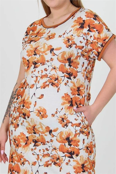 Dipmoda kadın kiremit çiçek desenli yazlık cep detaylı büyük beden elbise AYSL35 - Resim 5