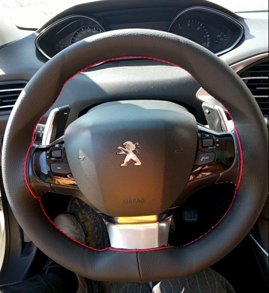 DİKİŞLİ DİREKSİYON KILIFI SİYAH DERİ KIRMIZI DİKİŞLİ PEUGEOT 208 KÜÇÜK DİREKSİYON İÇİN ürün görseli