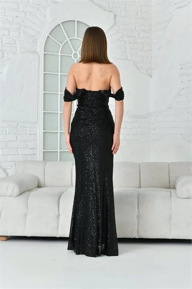 Dipmoda kadın siyah yırtmaç detaylı pulpayet abiye elbise DPS002 - Resim 4