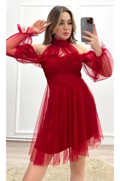 Dipmoda kadın kırmızı tül mini abiye elbise DPSWLL09
