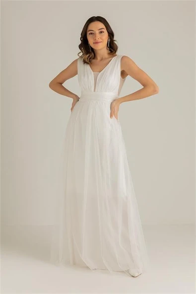 Dipmoda kadın beyaz drapeli tül abiye elbise DP2030 - Resim 2