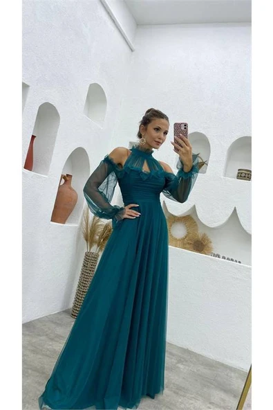 Dipmoda kadın petrol tül drapeli uzun abiye elbise DPSWLL07 - Resim 3