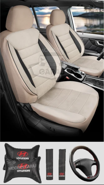 Hyundai Accent Bayon i20 i30 Getz i35 Uyumlu Krem Tay Tüyü Ön Arka Full Takım Koltuk Kılıfı Boyun Yastığı Kemer Koforu Direksiyon Kılıfı Seti