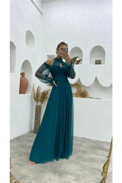 Dipmoda kadın petrol tül drapeli uzun abiye elbise DPSWLL07 - Resim 2