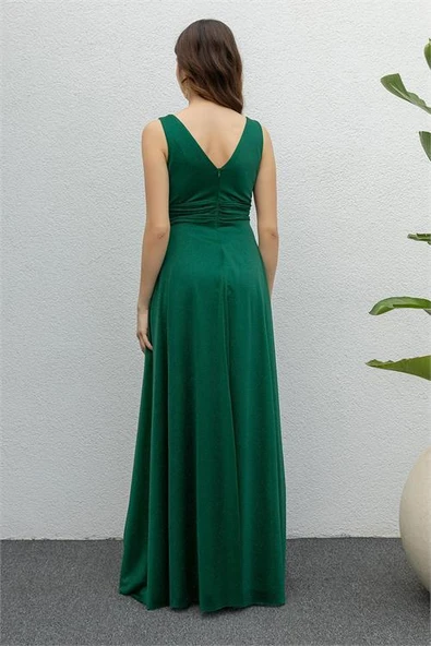 Dipmoda kadın zümrüt drapeli tül abiye elbise DP2030 - Resim 4