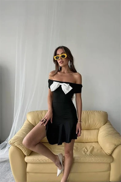 Dipmoda kadın mini boy likralı fiyonk elbise DPDF038