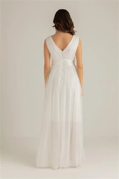 Dipmoda kadın beyaz drapeli tül abiye elbise DP2030 - Resim 4