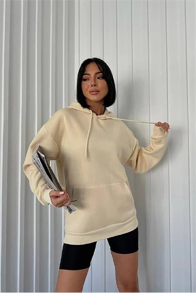Dipmoda kadın bej kapüşonlu kanguru cepli üç iplik sweatshirt FVR002