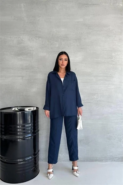 Dipmoda kadın lacivert ithal keten gömlek pantolon takım DPG005 - 3