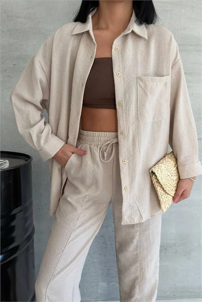 Dipmoda kadın bej ithal keten gömlek pantolon takım DPG005 - 3
