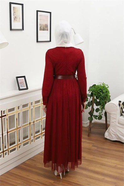 Dipmoda kadın tül kemerli tesettür elbise RSSN45 - Bordo - 5