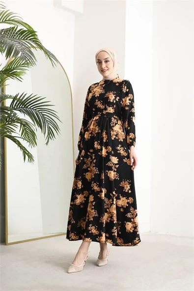 Dipmoda kadın ithal kumaş tesettür şifon elbise SMS026 - Sarı - Resim 3