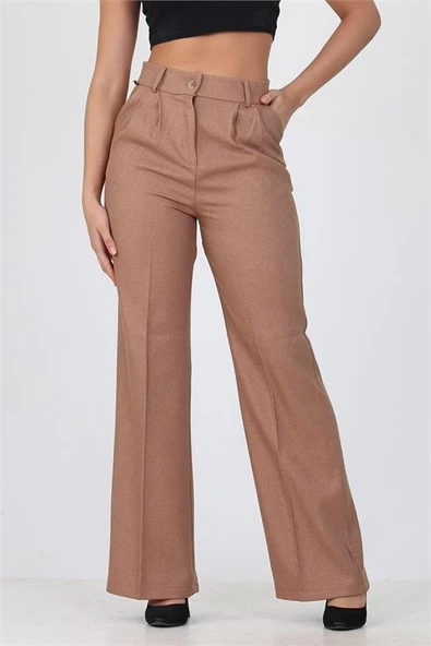 Dipmoda kadın camel yüksek bel cepli palazzo kumaş pantalon ELA001 - 5