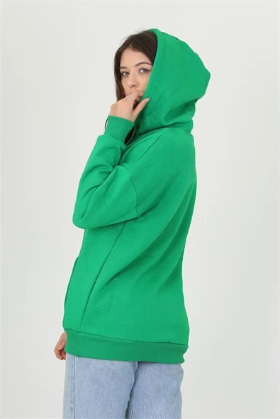 Dipmoda kadın yeşil kapüşonlu kanguru cepli üç iplik sweatshirt FVR002 - 5