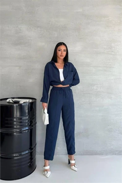 Dipmoda kadın lacivert ithal keten gömlek pantolon takım DPG005