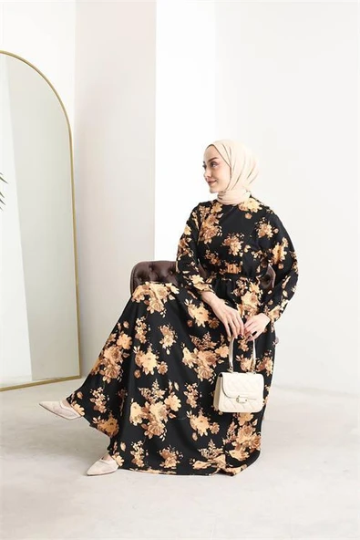 Dipmoda kadın ithal kumaş tesettür şifon elbise SMS026 - Sarı - Resim 2