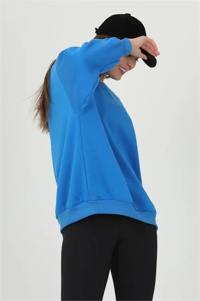 Dipmoda kadın mavi oversize bisiklet yaka şardonlu sweatshirt FVR001 - 4