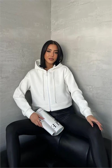 Dipmoda kadın kapüşonlu kısa sweatshirt GTS025 - Ekru - 2